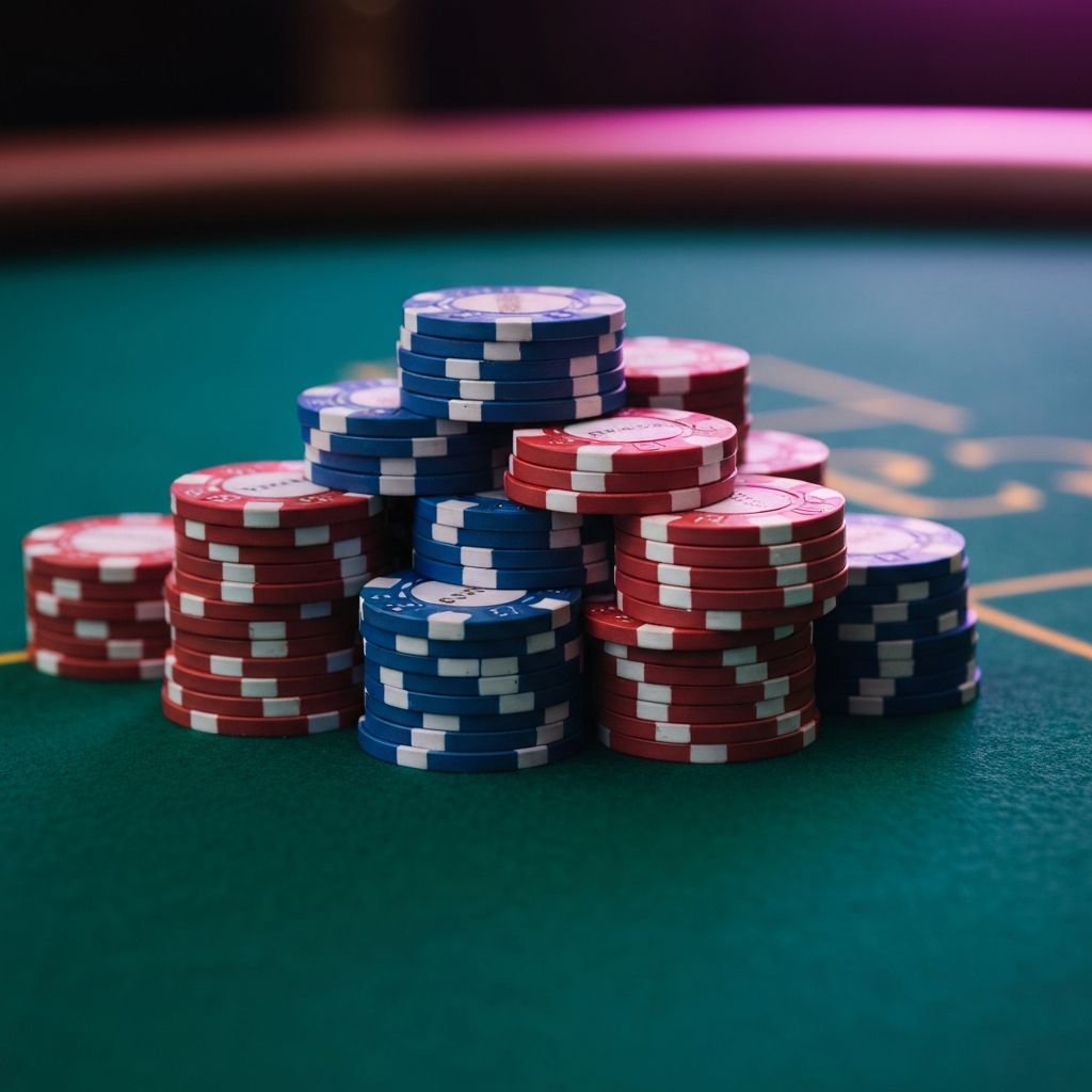 Premium poker chips on felt table